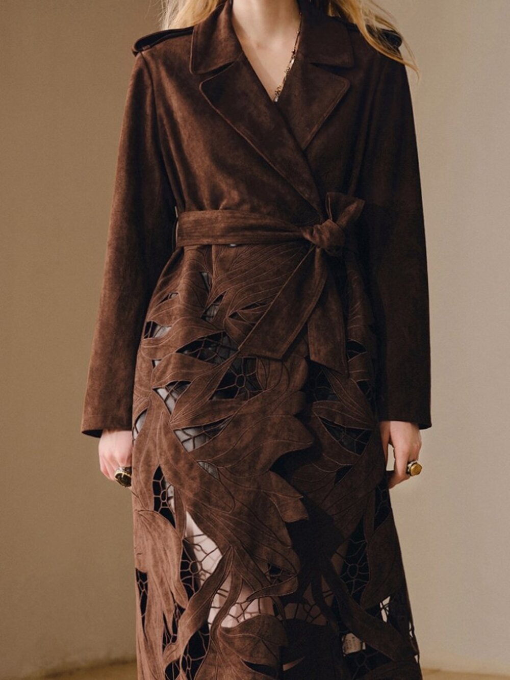 Coffee Brown Elegant Women's Leaf Hollow Embroidery Trench Coat - Picture 4 of 8